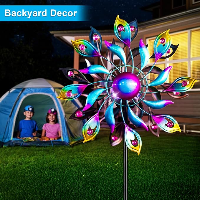 51.9" Peacock Solar Wind Spinner Outdoor Decor – Waterproof LED Lighted Garden Art with Adjustable Metal Pole, IP65 Weather Resistant for Yard, Patio