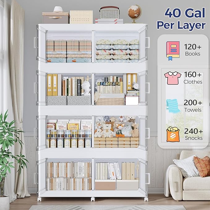 120GAL Extra Large Storage Bins with Lid, 480Qt Stackable Closet Organizers and Drawers, Collapsible Storage Bins with Wheels, Folding Storages Cabinet for Home Bedroom Office, 3Pack White