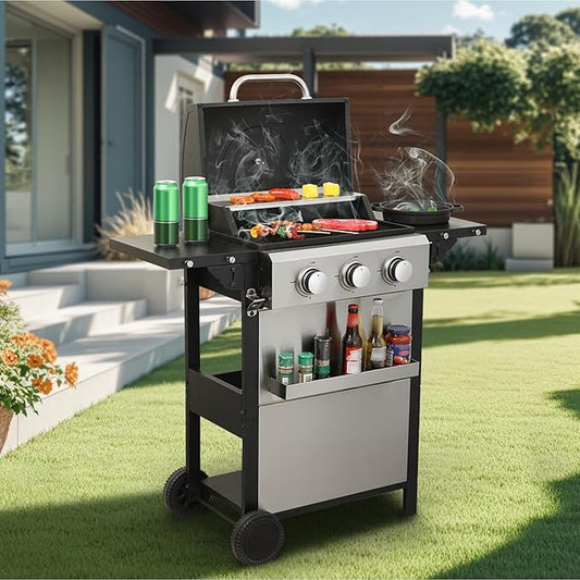 3-Burner Portable Propane Gas Grill with Stainless Steel Plancha Griddle - 25650 BTU Outdoor BBQ Grill with Foldable Side Shelves, Enamel Cooking Grids & Tool Hanging Basket