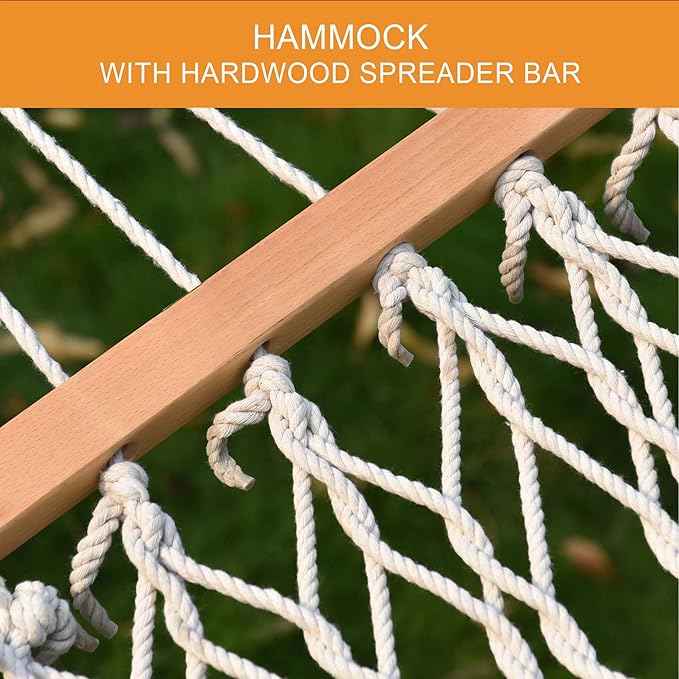 Lazy Daze Hammocks 12 FT Double Rope Hammock and 13 FT Natural Wooden Arc Stand, 2 Person Hand Woven Cotton Hammock with Spreader Bar for Outdoor Patio Poolside, 450 lb Capacity, Natural
