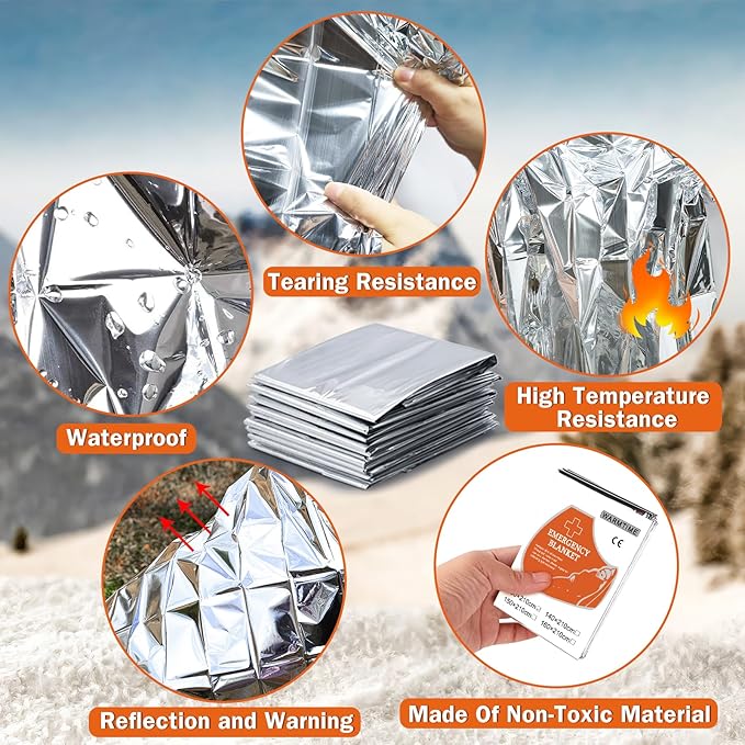 24 Pack Emergency Mylar Blankets, Survival Thermal Blanket for Rescue, First Aid Silver Foil Blanket Bulk, Safety Winter Heat Reflective Aluminum Blankets for Hiking, Camping, Marathons Outdoor