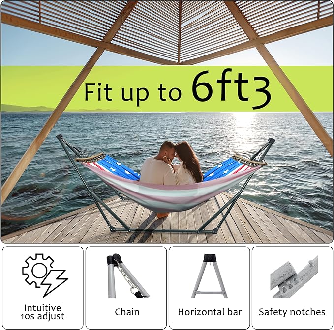 Tranquillo Sturdy Steel Hammock with Stand Premium Cotton Canvas Hammock, 600 lbs Capacity Hammock Stand Folding, Portable 30-Second Fold Unfold, for Camping, American Flag