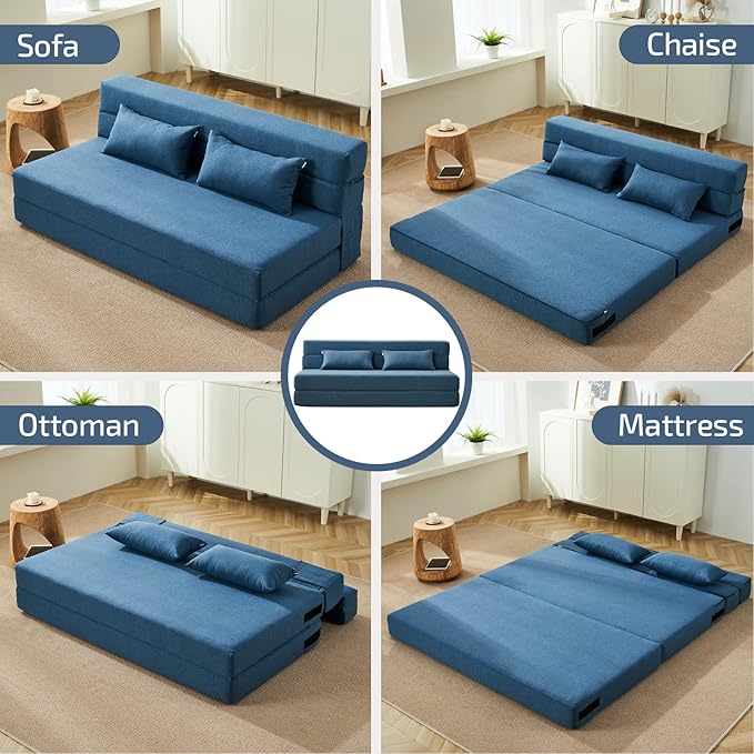 Folding Sofa Bed with Pillows- Convertible Chair Floor Couch & Sleeping Mattress, Foldable Memory Foam Sleeper for Living Room/Dorm/Guest Room/Home Office/Apartment/Loft, Queen, Navy Blue