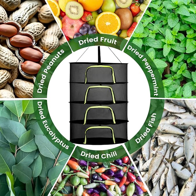 4 Layer 24" Herb Drying Rack Hanging with Garden Pruning Shears, Large Zipper, Hook & Notepad, Foldable Drying Rack for Herbs, Spices & Seasonings, Hanging Herb Dryer Indoor Outdoor