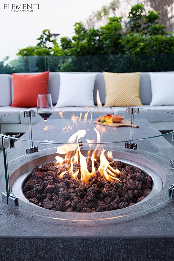 Elementi | Bundle Metropolis Gas Fire Pit Cast Concrete 56" Rectangular Fire Table, Outdoor Fire Pit Electronic Ignition | Canvas Cover, Lava Rock Included | Light Gray (Natural Gas)