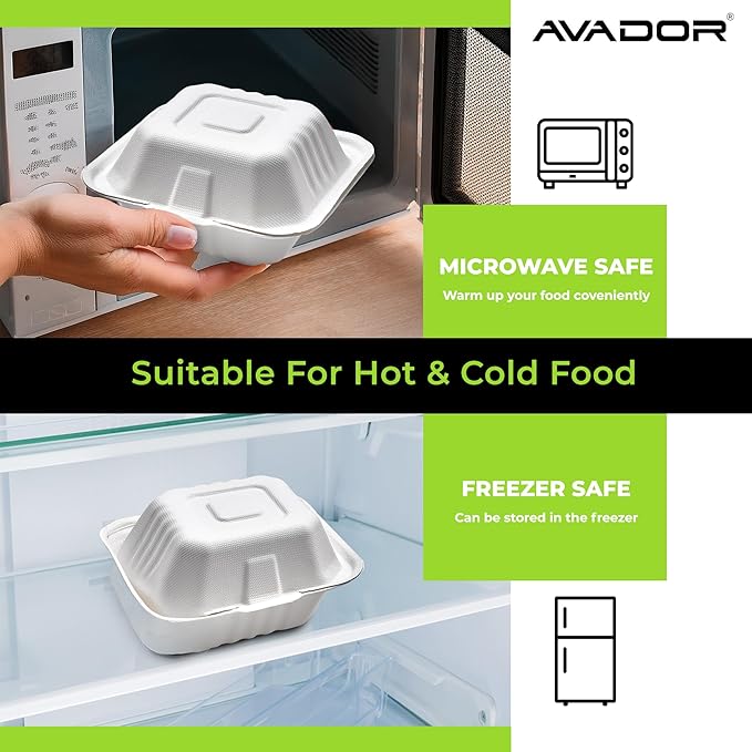 AVADOR® Compostable Tableware 100% Eco-Friendly & Biodegradable Dinnerware Eco-Conscious, Disposable, and 100% Biodegradable (9 Inch x 6 Inch Clamshell Pack of 50)