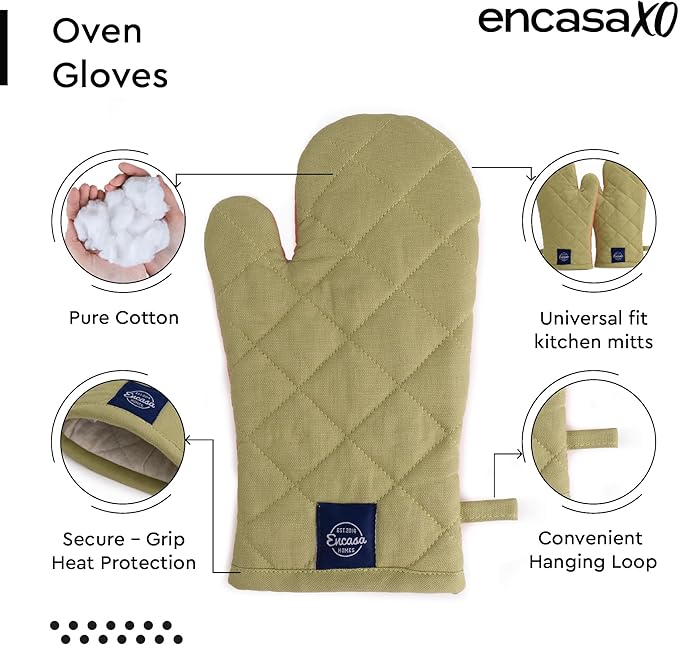 Encasa XO Heat Resistant Cotton Oven Gloves Mitts (2 Pc Set) - Quilted & Safe 12x6.6 in - for Kitchen, Cooking & Baking, Grilling, Handling Hot Pots & Pans - Sage & Coral