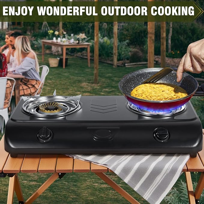 BESTFIRE 35,000 BTU Double Burner Propane Gas Stove, Portable Outdoor Camping Cooker with Auto Ignition, Rust-Resistant Alloy Steel, CSA Regulator & Hose, for BBQ, RV, Tailgating, 28.74"×14.76"×5.51"