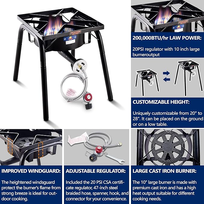 ARC 200,000BTU Propane Outdoor Burner Camp Stove Gas Burner,with Removable Legs,Ideal for Woks, Skillets and Pots