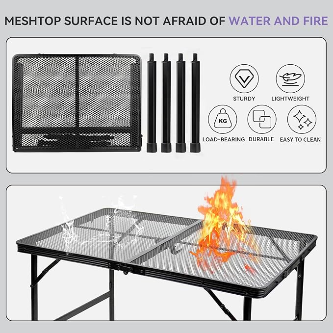 BRIAN & DANY 3x2 FT Folding Grill Table Camping Table, Metal Portable Picnic Table, Lightweight Height Adjustable Foldable Table for Outdoor, Black