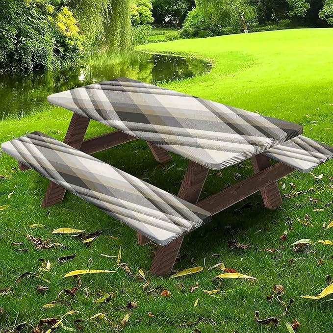CAPSCEOLL Picnic Table Cover with Bench Covers Farm Plaid Waterproof Camping Tablecloth All-Weather Outdoor Table Protector with Drawstring Bag for Camping Essentials, 72X30in, Grey White
