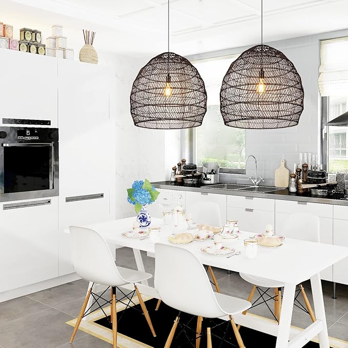 Arturesthome 19.6" Rattan Chandelier for Kitchen,Black Woven Basket Pendant Light Shades, Handwoven Pendant Lampshade for Bedroom Kitchen Farmhouse