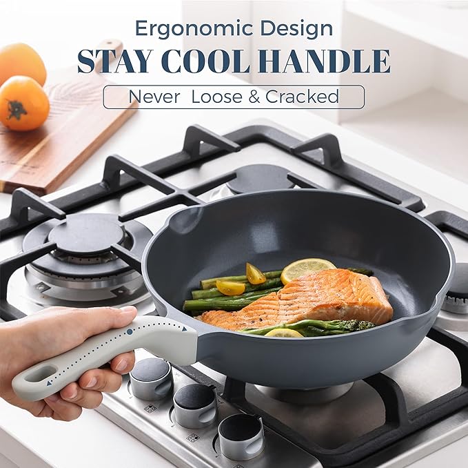 Ceramic Nonstick Deep Saute Pan with Lid, 10 Inch/3.2 QT Non Toxic Pans with Double Pour Spout, Helper Handle and Lid, Metal Utennsil Safe, Dishwasher Safe, (Gray)