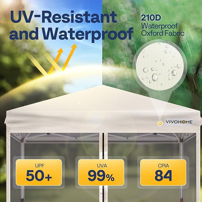 VIVOHOME 10x10ft Easy Pop-Up Canopy, Outdoor Screen Tent with Mosquito Netting, 2 Zipper Doors, and Roller Bag for Yard Camping Picnic Party Events, Beige
