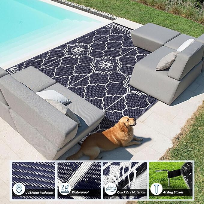 9x12Ft Outdoor Rug, Solar Powered Outdoor Rug with 131LEDs Strip Lights for House Deck, Waterproof Plastic Reversible Outdoor Straw Rugs, Rugs Mat RV Camping Patio Beach Balcony Picnic (Blue White)