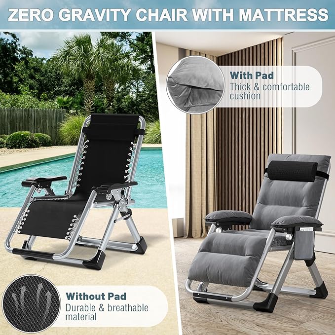 ABORON Upgrade Zero Gravity Chair/Armrest Mat,Premium Outdoor Lawn Folding Lounge Chairs,Sturdy Adjustable Reclining Patio Chairs with Removable Seating Cushion,Headrest & Tray