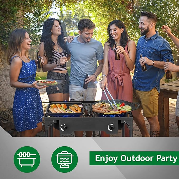 Outvita 2 Burner Propane Gas Stove for Outdoor Cooking, 150,000 BTU Camping Cooker with Removable Legs, Temperature Control Knobs for Backyard Cooking, BBQ, Baking and Frying