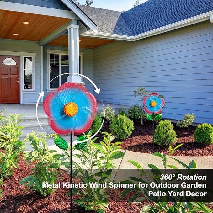 Garden Wind Spinners & Metal Wind Sculptures - Outdoor Windmill Decor with Vibrant Red & Blue, Yard Art for Patio Lawn Garden Ornament, Dynamic Wind Spinner Sculpture for Landscape Decor