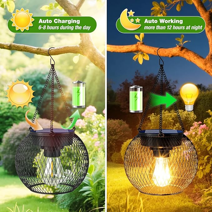 Solar Lanterns Outdoor Waterproof 2 Pack, 13.45" Metal Solar Hanging Lights with Hooks & Auto On/Off, Brighter Warm Outdoor Hanging Lantern Lighting for Porch Garden Yard Pathway Decor