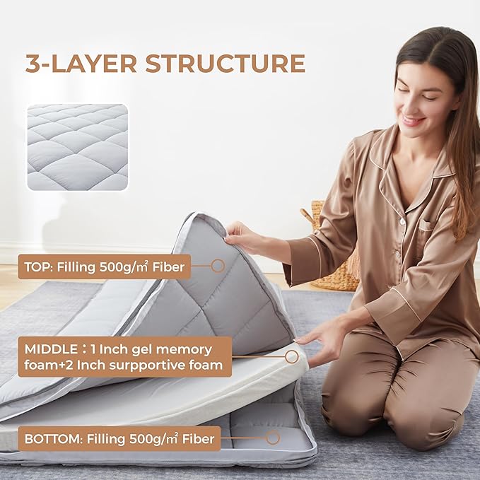 4Inch Cot Mattress Topper,Narrow Twin Gel Infused Memory Foam,Machine Washable Pillow Top Cover,Roll Up Floors Mat,Portable Folding Sleep Pad(75 X 30“)
