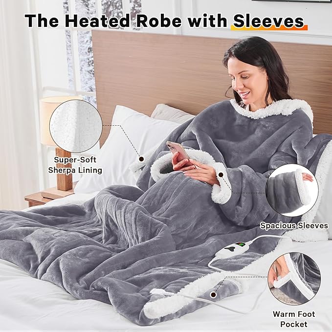 greenoak Wearable Heated Throw Blanke Electric Snuggle - Heated Robe with Foot Pocket for Adult, Winter Gifts for Mom Women 5-Position Timer 10-Heating Levels,50 * 70",Grey