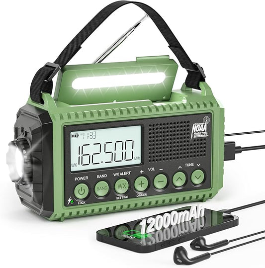 Emergency Radio 12000mAh Auto NOAA Weather Alert -Portable Solar Hand Crank Battery Operated AM/FM Shortwave Radio with Type-c Charger,Flashlight, SOS for Home Outdoor Hurricane Survival