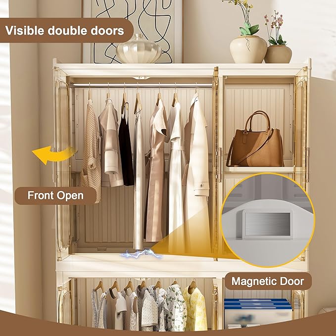 Collapsible Expandable Wardrobe Closet, Multi-Function Plastic Wardrobe,Wardrobes Storage Cabinet (6 Cubes+2 Hanging Rod)