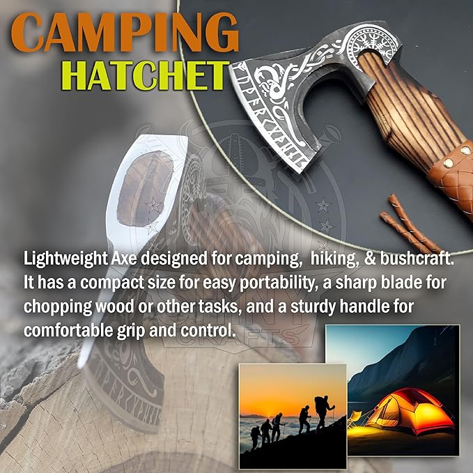 SHINY CRAFTS-Axes Handmade Viking Axe Hatchet Norse Axe-Valhalla Runic Axe Carbon Steel Viking Axe Head Engraved Handle Wolf Camp Axe Genuine Leather Sheath & Wrap (SCA 06)