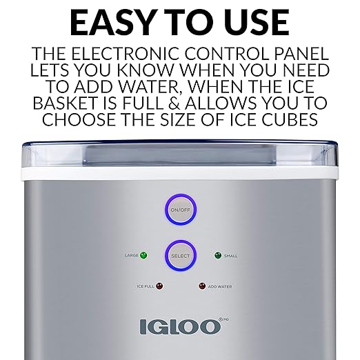 Igloo Electric Countertop Ice Maker Machine - Automatic and Portable - 33 Pounds in 24 Hours - Icecube Maker - Plastic Scoop and Basket - Ideal for Iced Coffee and Cocktails - Stainless Steel