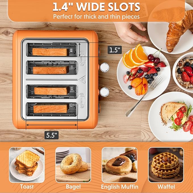 BUYDEEM DT640 4-Slice Toaster, Extra Wide Slots, Retro Stainless Steel with High Lift Lever, Bagel and Muffin Function, Removal Crumb Tray, 7-Shade Settings,Orange