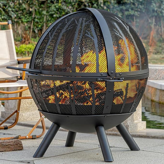 35 Inch Wood Burning Fire Pit with BBQ Grill, Heavy Duty Fire Pits Ball for Outside with Spark Screen & Removable Ash Pan, Outdoor firepit & Fireplace for Bonfire in Garden, Yard
