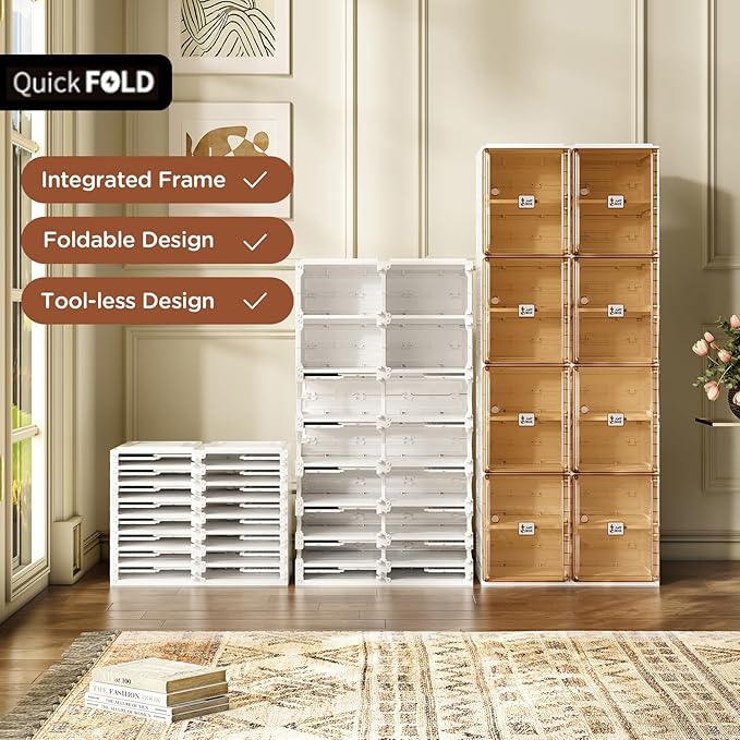 ANTBOX Shoe Organizer Storage Box, Portable Folding Shoe Rack For Closet With Magnetic Clear Door,Large Sneaker Cabinet Bins Sturdy Easy Assembly 8 Layers-16 Grids