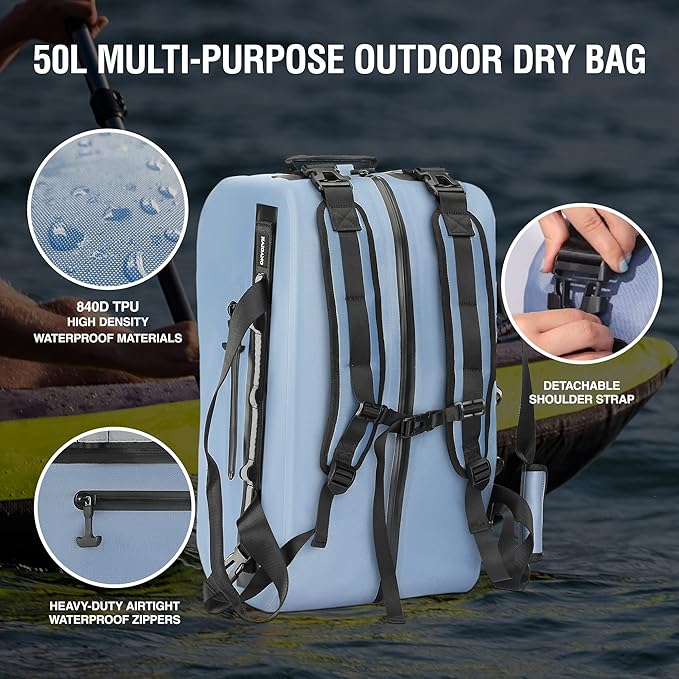 50L Waterproof Dry Duffle Bag Dry Backpack 840D TPU Heavy Duty Dry Bag,Rubber Airtight Zipper, for Kayaking,Boating,Motorcycling,Camping,Rafting,Surfing, Swimming,Fishing,Beach Vacation,Blue