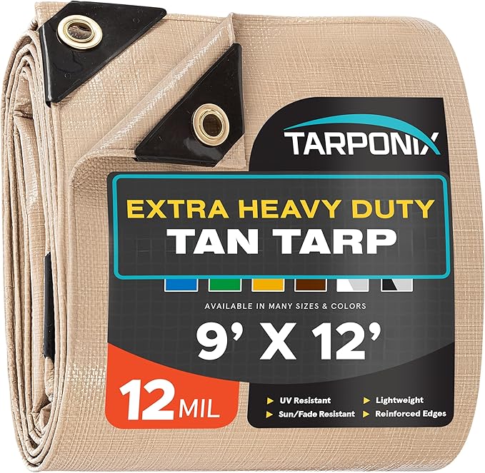 9' x 12' Extra Heavy-Duty Tan Poly Tarp – 12 Mil Thick, Waterproof, UV-Resistant Polyethylene with Reinforced Edges, Double-Stitched Hems, and Rustproof Grommets