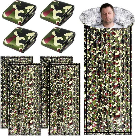 Preboun 10 Pcs Emergency Sleeping Bag Portable Lightweight Survival Bag Thermal Bivy Sack Waterproof Emergency Blanket Survival Gear for Outdoor Camping Hiking Homeless People Shelter (Camouflage)