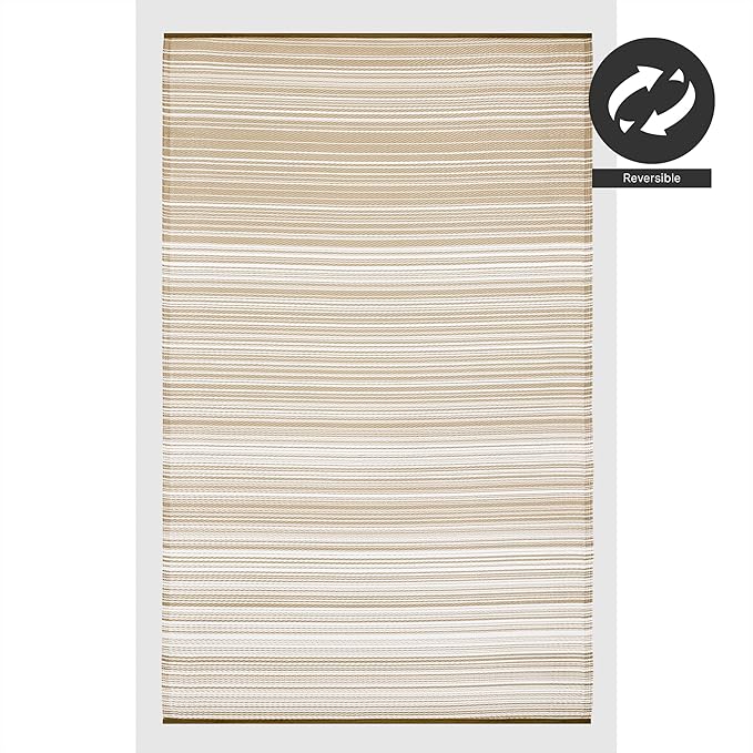 FH Home Outdoor Camping Rug - Waterproof, Fade Resistant, Reversible - Premium Recycled Plastic - Striped - Large Patio, Deck, Sunroom, RV - Havana - Beige - 5 x 8 ft Foldable