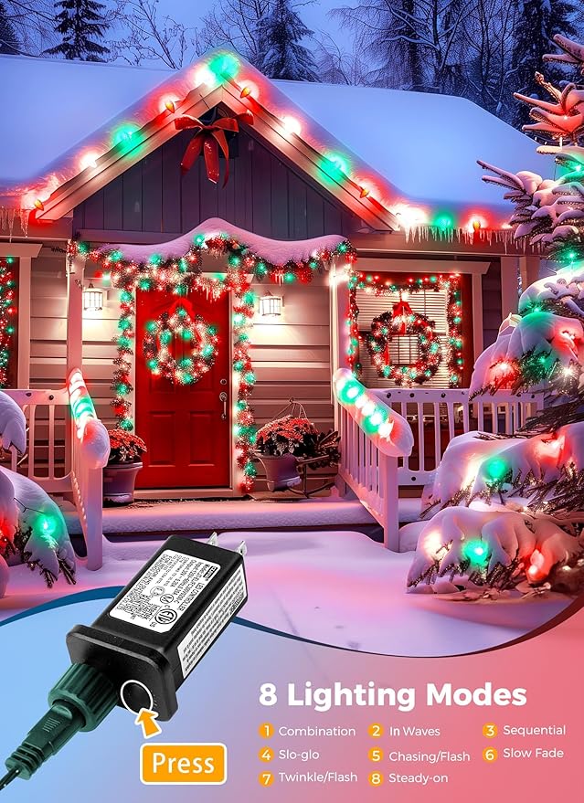 C9 LED Christmas String Lights - 82ft 100 LED Outdoor String Lights with Timer and 8 Lighting Modes, Plug in Extendable Roofline Lights String for Outside Yard Porch Christmas Holiday Decoration
