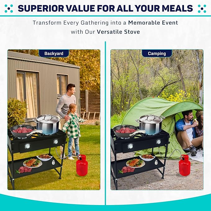 Double Burner Propane Stove Outdoor - 150,000 High btu 2 Burner Outdoor Stove W/Detachable legs & Bottom Shelf Double Propane Burners for Outdoor Cooking W/CSA-Approved 0-20 PSI Regulator & Hose