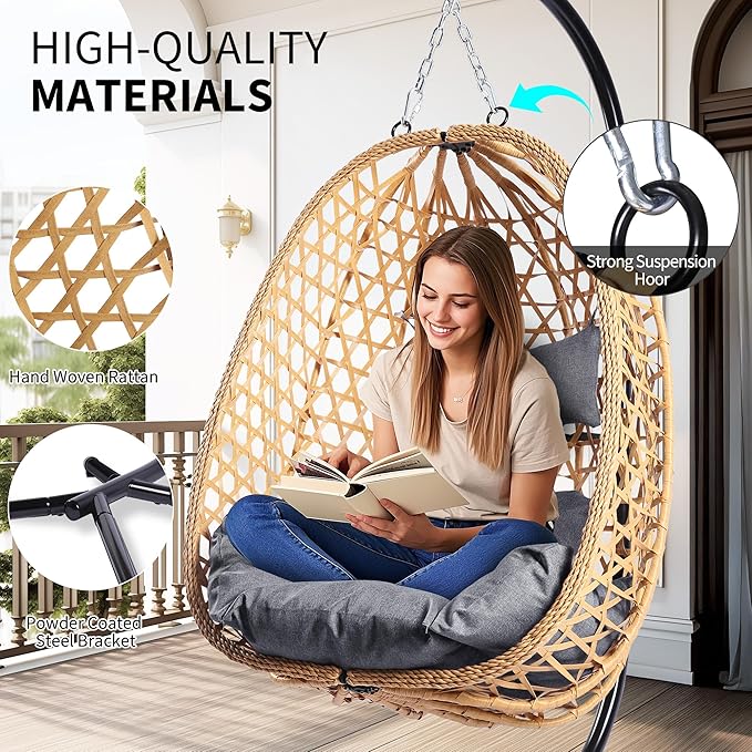 Egg Chair with Stand, Patio Wicker Hanging Chair, Hammock Swing Chair, 350LBS Capacity for Bedroom, Balcony, Garden (YE-GR)