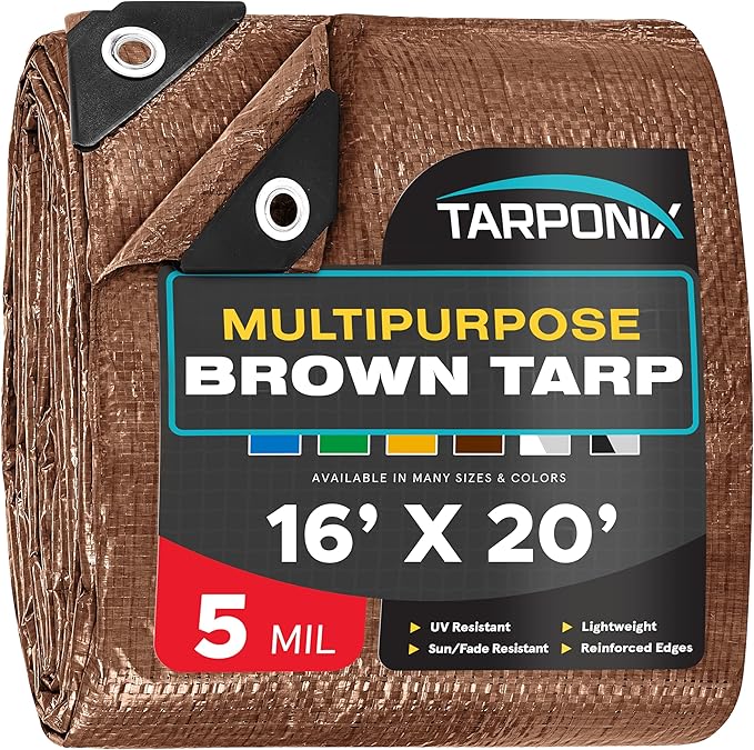 Brown Poly Tarp 16’ x 20’ – Lightweight 5 Mil Waterproof Cover – Durable, Weatherproof, Multipurpose Protection for Camping, Roofing, Construction