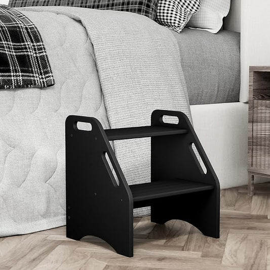 AMBIRD Wooden Step Stool, 15.75'' H Potty Training Toddler 300 lbs Capacity with Safety Non-Slip Pads and Handles, Step Stools for Kids, Bamboo 2-Step Stool for Bathroom, High Beds (Black)