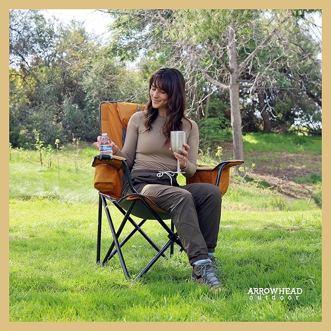 ARROWHEAD OUTDOOR Portable Folding Camping Quad Chair w/ 6-Can Cooler, Cup & Wine Glass Holders, Heavy-Duty Carrying Bag, Padded Armrests, Headrest & Seat, Supports up to 550lbs, USA-Based Support