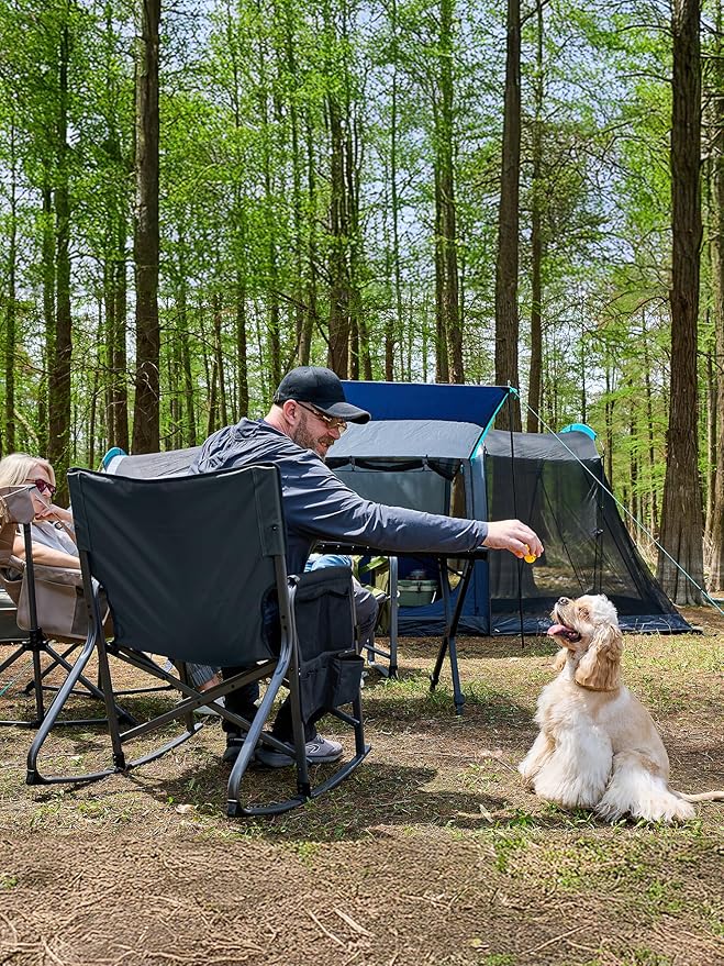 TIMBER RIDGE Folding Rocking Camping Chair, 400lbs Capacity Portable Oversized Outdoor Rocker with Hard Armrests, Cup Holder & Side Pocket, Quick-Fold Design for Outdoor, Patio, Lawn, Blue