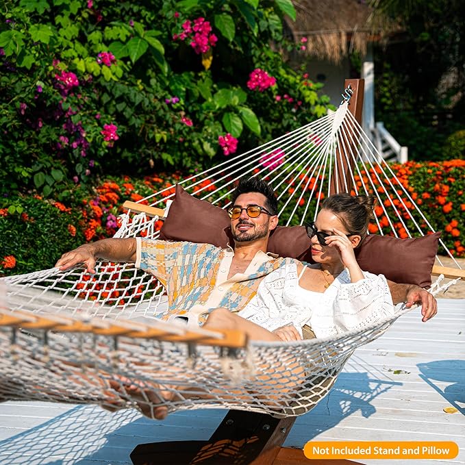 Lazy Daze Hammocks 12FT Double Rope Hammocks, Hand Woven Cotton Hammock with Pillow & Spreader Bar for Outside, Patio, Poolside, FIT 13-15 Foot Stand, Max 450 Lbs, Natural, 141 x 57 inches