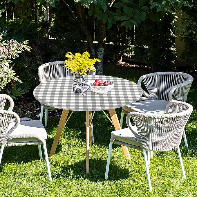 Fitable Round Vinyl Fitted Table Cover - 2 Pack Waterproof Checkered Elastic Edged Tablecloth Flannel Backed Table Cloth for Picnic Party, Silver/White (Fit for 45"-56" Round Tables)