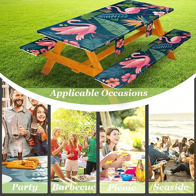 Fitted Picnic Table Cover with Bench Covers, Windproof Vinyl Table Cloths Outside Camping Cooking Backyard Furniture Seat Cushion Tablecloth Activities Party Decor Decorations Para Acampar Equipment