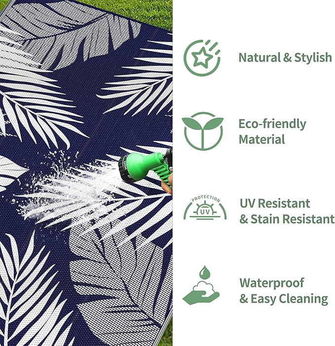 GENIMO Outdoor Rug 4' x 6' Waterproof for Patios Clearance, Reversible Outdoor Plastic Straw Camping Rug Carpet, Large Area Rugs Mats for RV, Camper, Deck, Balcony, Porch, Beach, Navy Blue&White