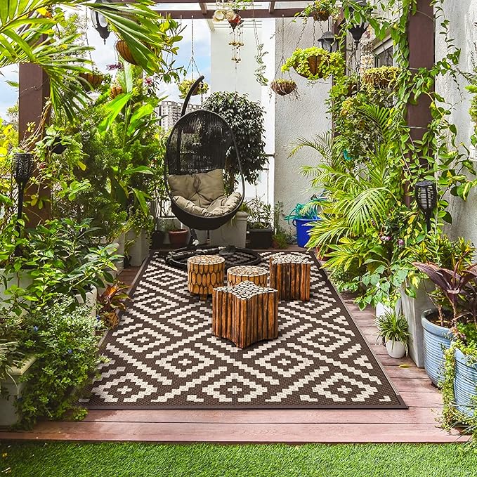 GENIMO Outdoor Rug for Patio Clearance, 8'x10' Waterproof Camping Mat, Reversible Plastic Straw Rugs for RV, Camper, Balcony, Backyard, Picnic, Deck (Coffee & Beige)