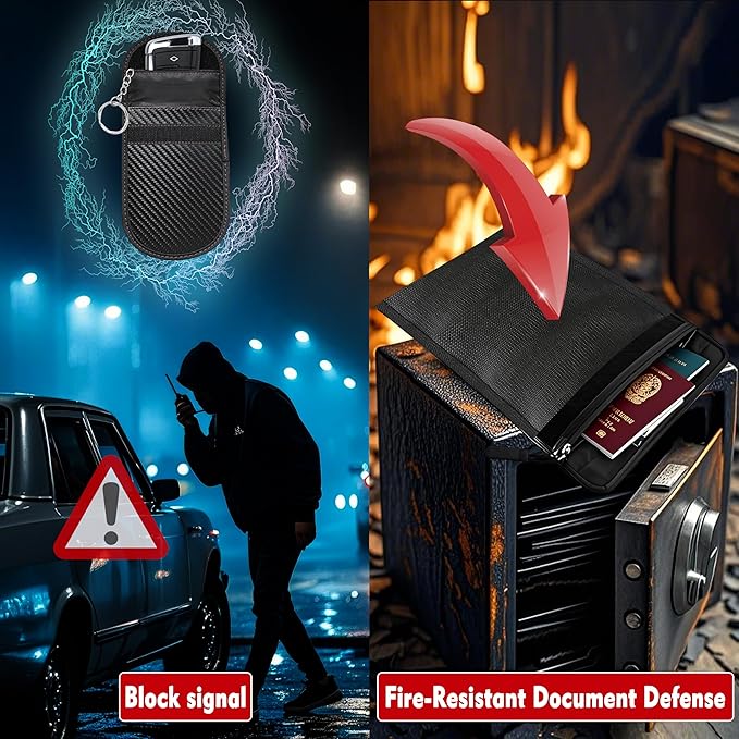 4 Pack Waterproof Fireproof Money Document Bags with a Faraday bag for car keys Fob Protector, Resistant Storage Organizer Pouch for Cash Documents, Secure Protection for Valuables