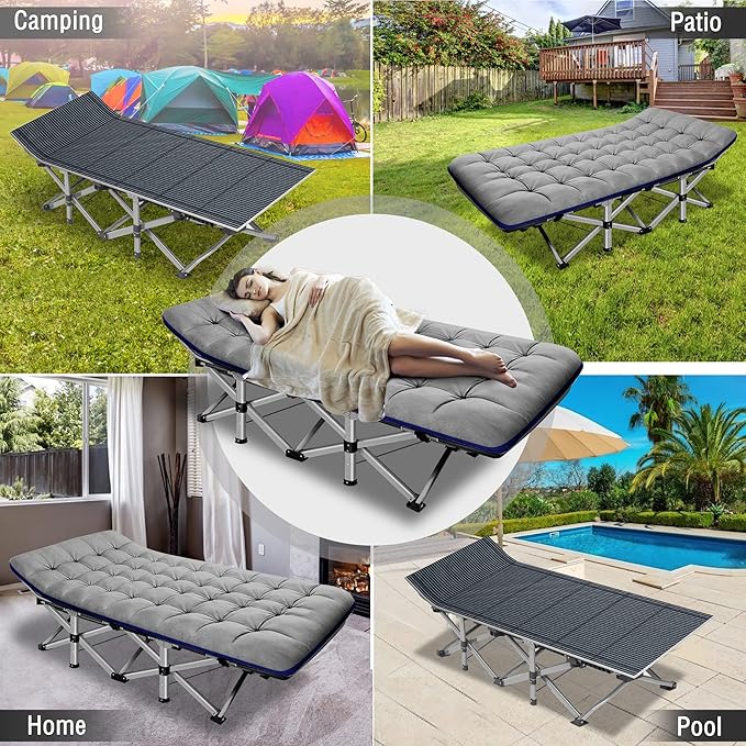 ABORON Folding Camping Cot W/Mat for Adults, Heavy Duty Outdoor Bed with Carry Bag,1200 D Layer Oxford Travel Camp Cots